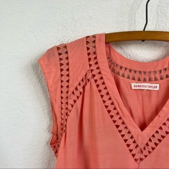 Rebecca Taylor Ladder Lace V Neck Peach Sorbet Top - Picture 3 of 5